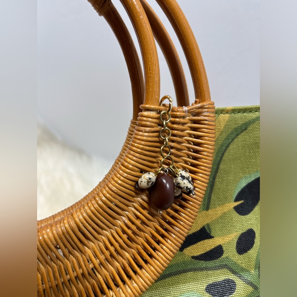 Fossil Forever Vintage Rare Canvas Tropical Foliage Wicker HandleShoulder Bag - Picture 7 of 14